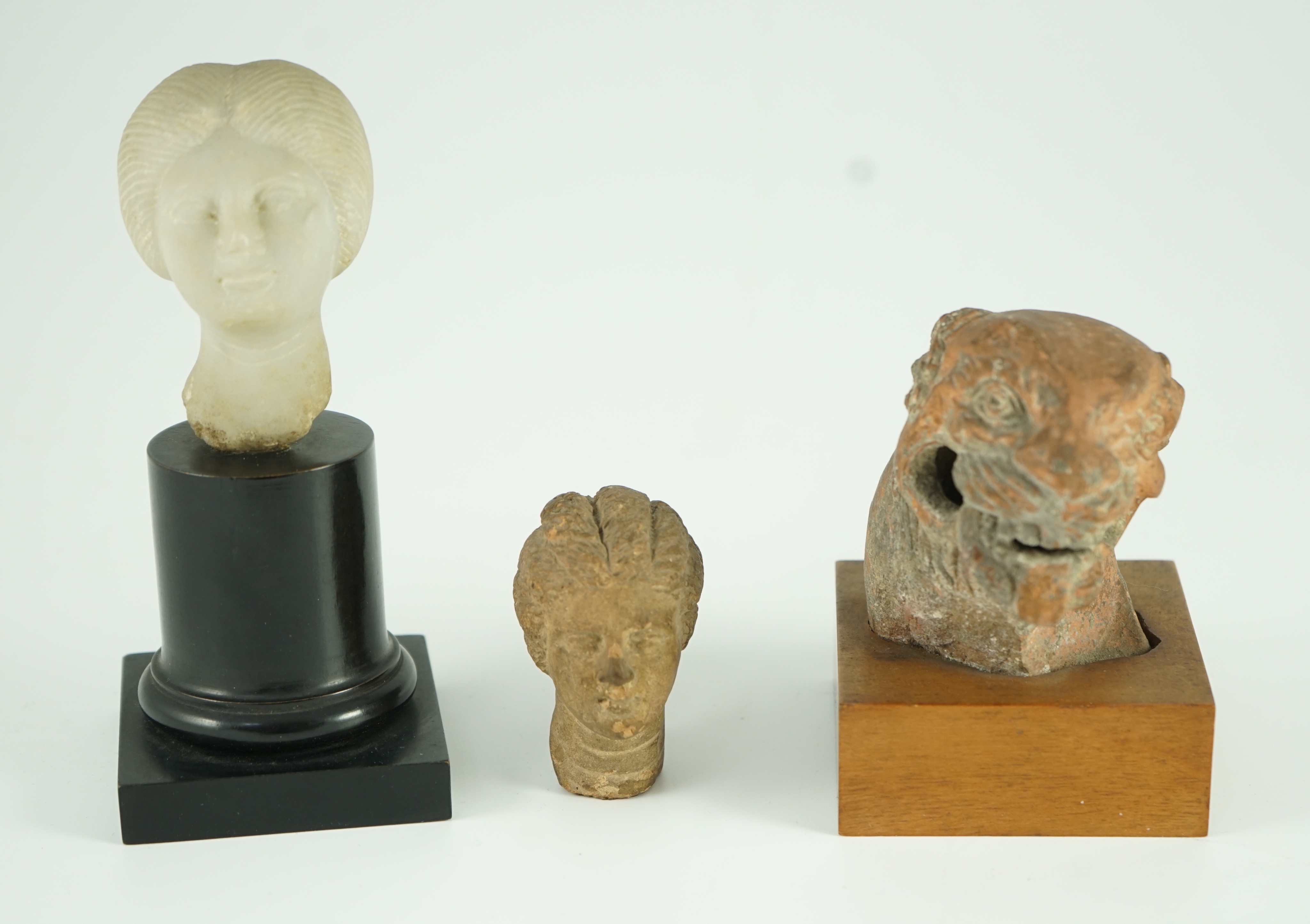 A group of antiquities comprising two commemorative scarabs, an Egyptian style gypsum head, and two antique terracotta heads